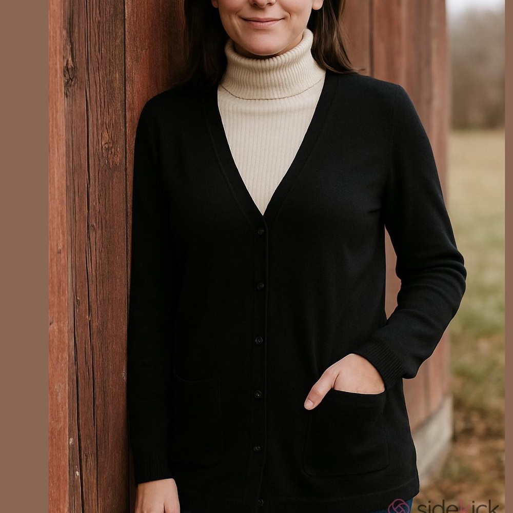 90s TALBOTS MERINO WOOL BLACK KNIT V-NECK CARDIGAN SWEATER BUTTON FRONT SZ L